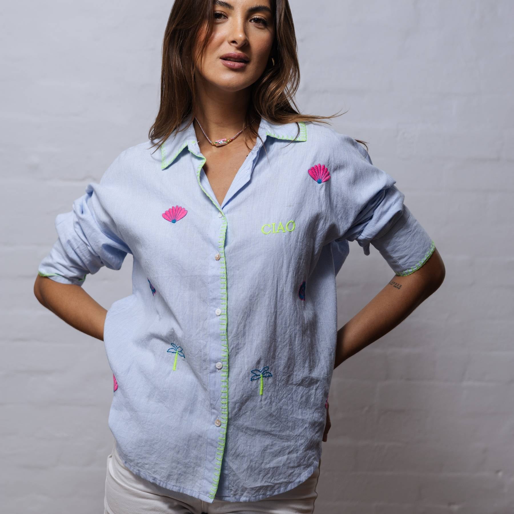 Light Blue Cotton Shirt Embroidered - Zoda