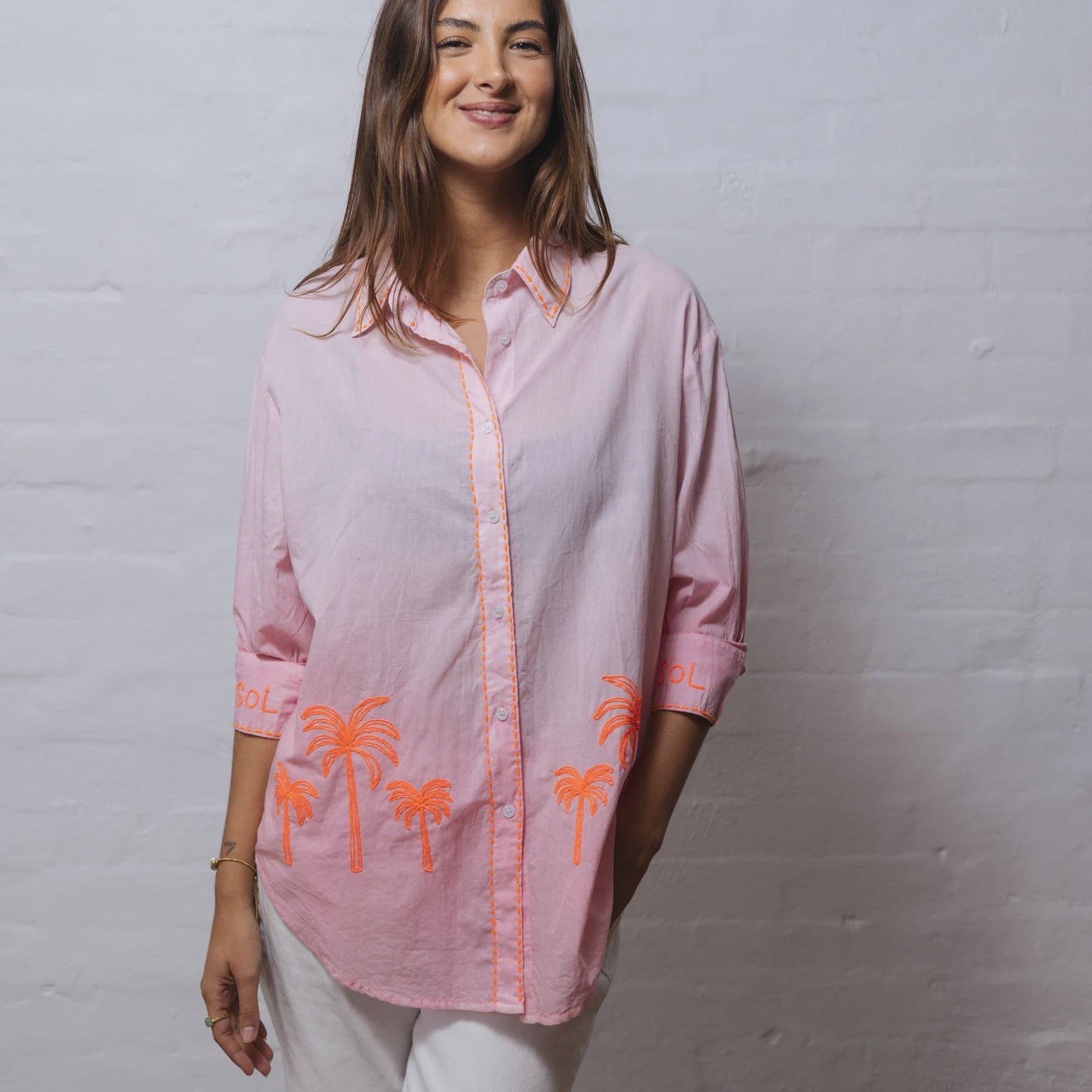 Pale Pink Palm Embroided Shirt - Zoda