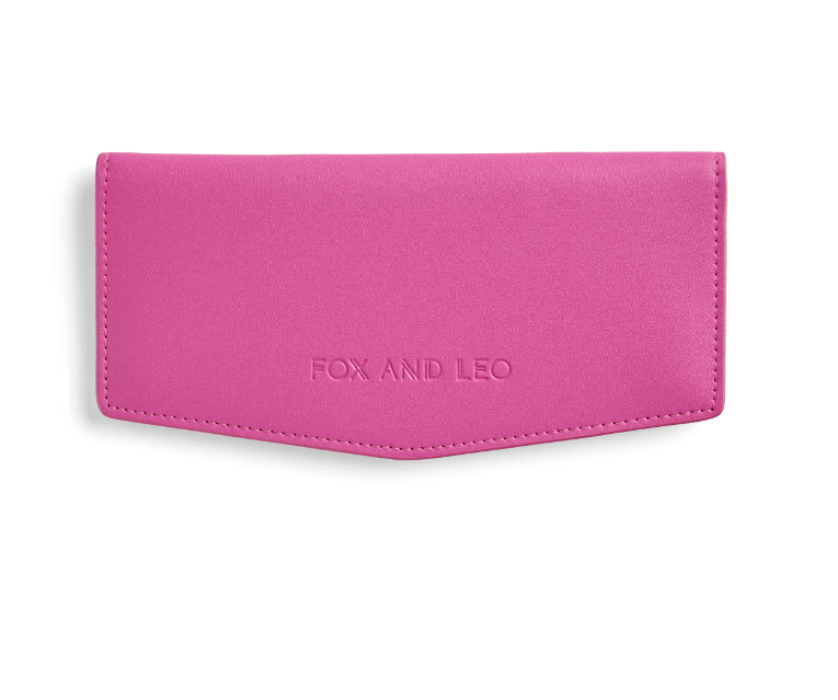 Pink slim ladies wallet with 'FOX AND LEO' branding on a white background