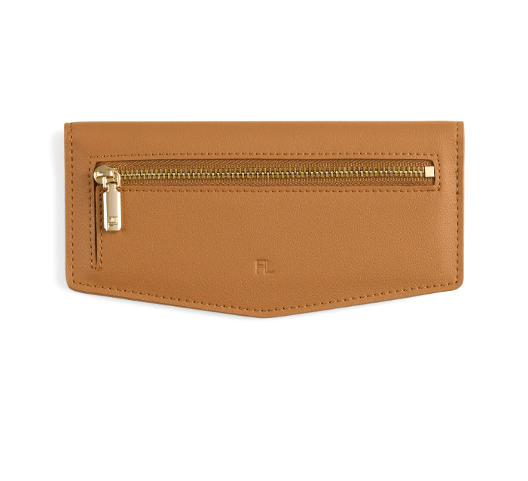 Brown leather wallet with gold zipper on a white background